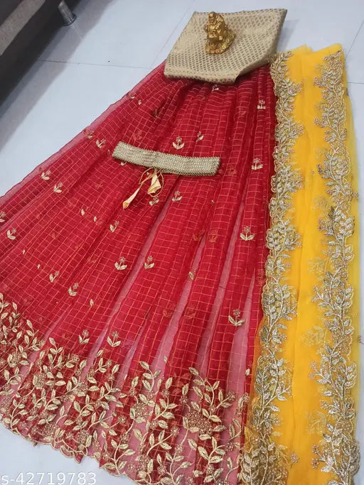 Unstitched red organza Lehenga Choli & dupatta set with mirror work, Indian cultural embroidery in silk, gold blouse piece and yellow net dupatta included