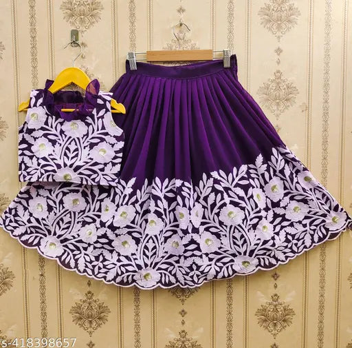 Embroidered Georgette lehenga for girls (paisley pattern), nylon dupatta and sleeveless top. Indian kids fashion accessory