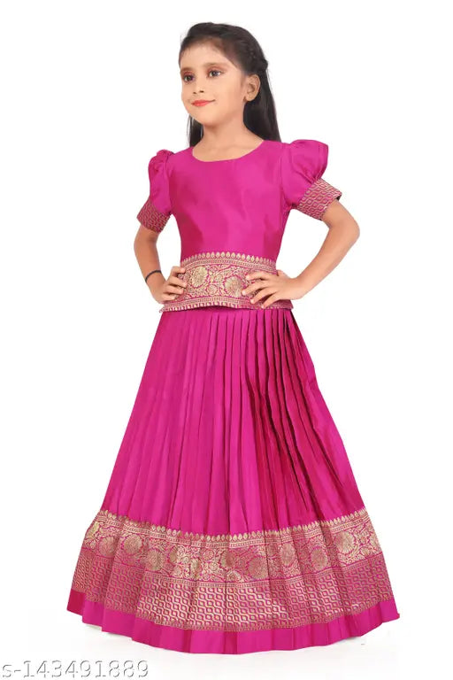 Taffeta Pink Silk Lehenga Choli for Kids - Zari-woven, ready-to-wear party dress with lace finish, suitable for ceremonies & festivals