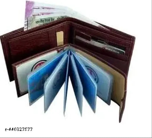 Brown album leather men's wallet with textured net pattern, 3 compartments, free size (11cm x 9cm), India origin