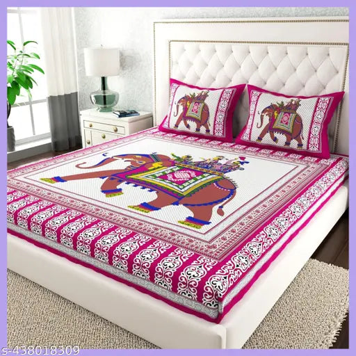 Multi-colored 180TC Cotton Double Bed Sheet Set with 2 Pillow Covers, Indian Jaipuri Design