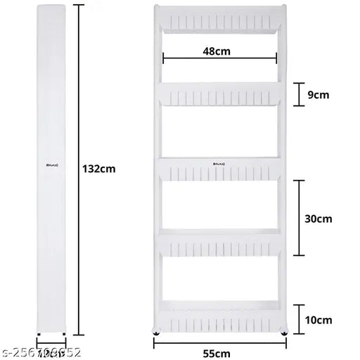White plastic multi-purpose storage rack with wheels, 4 shelves, suitable for home use in kitchen, bedroom or bathroom, height of top shelf is 5cm
