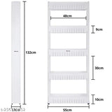 White plastic multi-purpose storage rack with wheels, 4 shelves, suitable for home use in kitchen, bedroom or bathroom, height of top shelf is 5cm