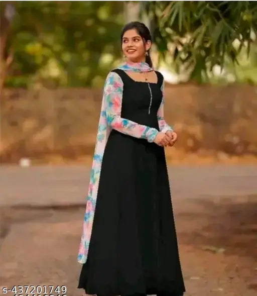 Georgette black evening gown with long sleeves, KPP 3 DI Westn Wear branded, solid pattern, women's fashion, Indian origin
