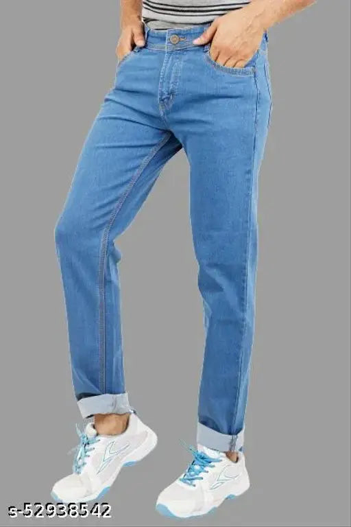 Blue men's mid-rise denim jeans, solid blue stretchable fabric, regular fit for trendy style on the go