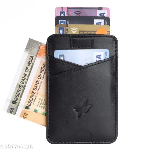 Black Faux Leather Men's Wallet, 4 compartments, RFID blocking for travel safety, slim design with smart strap for easy access, ideal for business cards and IDs