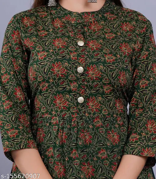 Black cotton cambric three-quarter sleeve kurti with printed floral design, Indian fashion