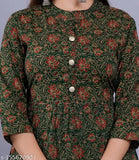 Black cotton cambric three-quarter sleeve kurti with printed floral design, Indian fashion