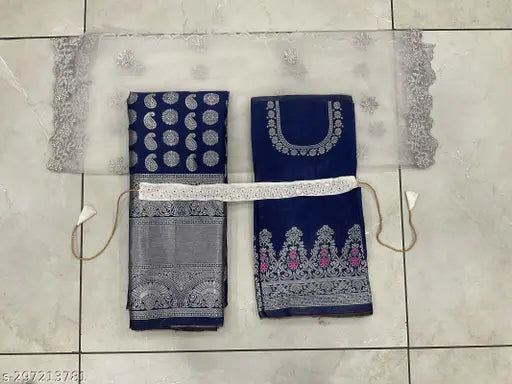 South Indian Zari unstitched half saree, art silk with embroidered choli, net dupatta in lichi silk, embellished with zari detailing and lace borders, ready-to-ship from India
