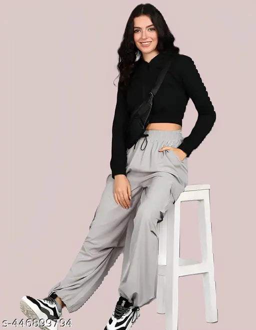 Women's polyester pants, gray jogger with pockets