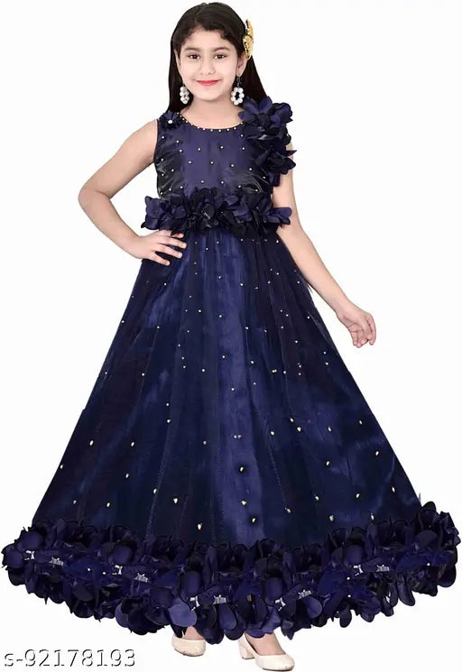 Navy blue embellished net gown for girls, trendy party wear for baby girls, Indian ethnic wedding dress on display