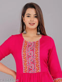 Pink rayon anarkali kameez with embroidered sleeves