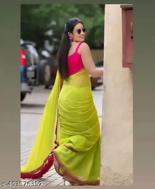 Georgette and Bangalore Silk Indian designer saree with solid pattern, free size, 5.5m length
