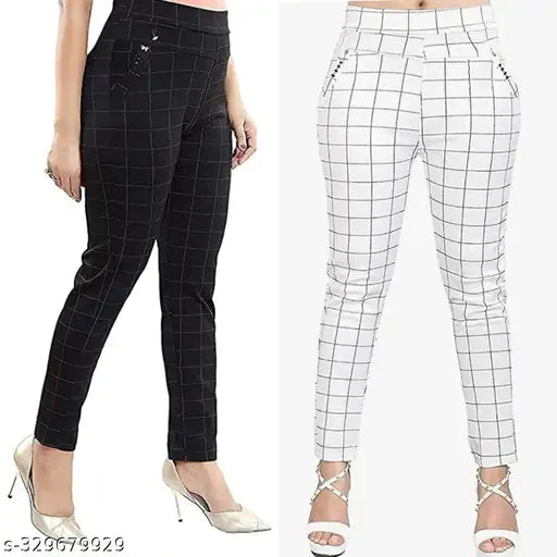 Stylish checked lycra jeggings combo for woman and girls in grey, black, white, blue, brown, and maroon - versatile workwear with practical pockets and a touch of sophistication