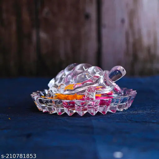 Crystal Tortoise KACHHUA with LEAF Plate Pond, ideal for career & good luck, Feng Shui showpiece, 5.5" x 2", Indian origin