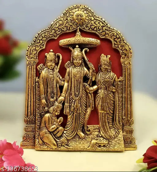 Gold-metal Ram Darbar with Hanuman Ji for pooja - Hindu idol sculpture for home decor and religious wall hangings