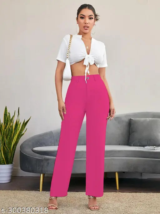 Pink high-waisted women's trousers, long inseam