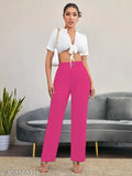 Pink high-waisted women's trousers, long inseam