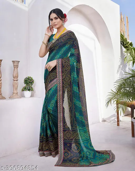 Black, Georgette, Saree, Lace, Printed