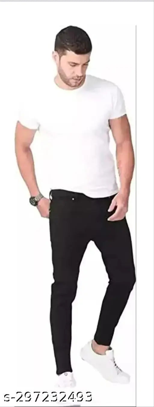 Black cotton blend flaying men jeans, solid black style for modern fashion