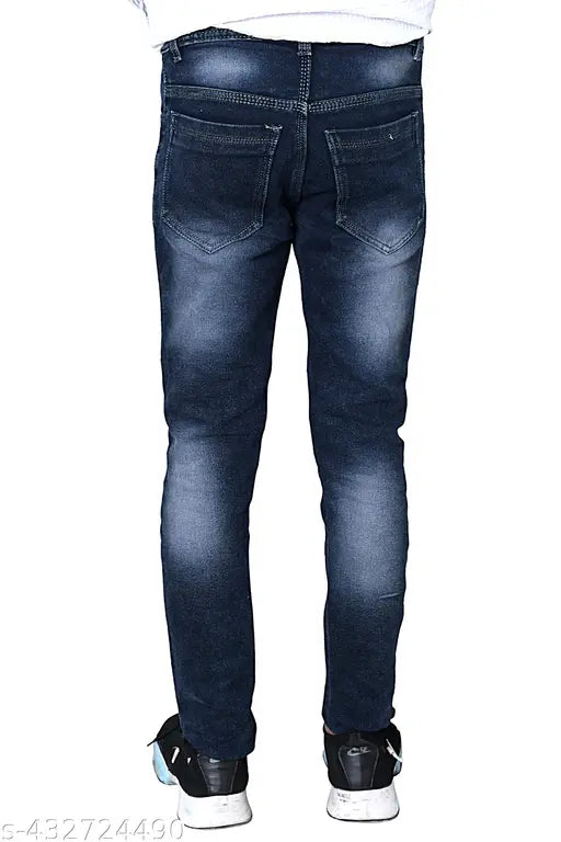 Black men's denim jeans with a faded wash, visible stitching on the back, and a classic five-pocket design