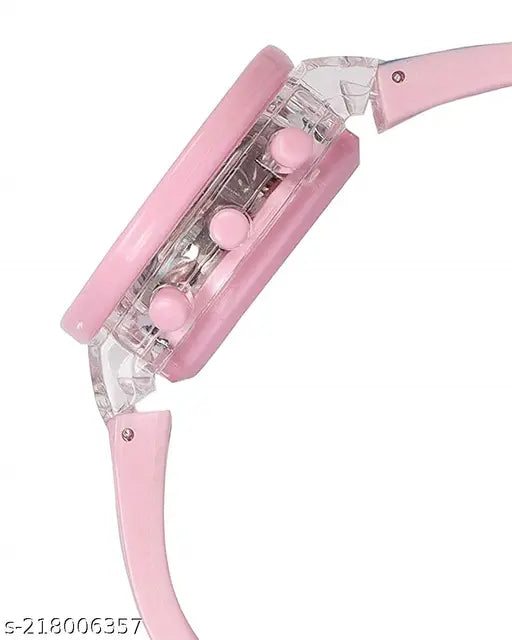 Pink plastic Hello Kitty disco watch with illuminated dots and glowing light