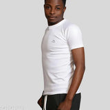 White cotton blend men's half sleeve t-shirt with printed pattern, free size for casual wear