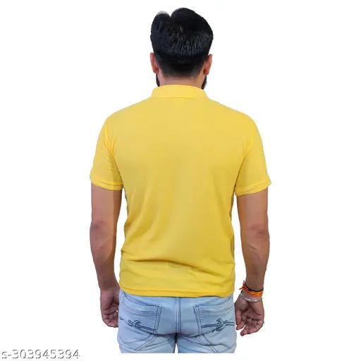 Yellow cotton blend polo t-shirt for men, high-quality lightweight design with elastic sleeve stripes, India origin