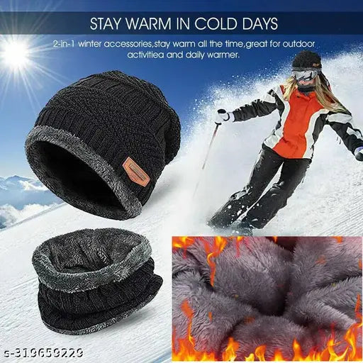 Black knit beanie cap with neck warmer, women's winter fashion accessory