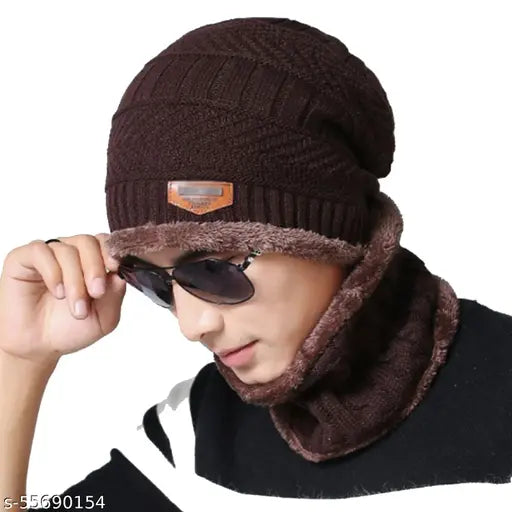 Brown woolen unisex beanie cap & neck warmer set - soft fur, winter-proof, snow-proof