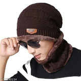 Brown woolen unisex beanie cap & neck warmer set - soft fur, winter-proof, snow-proof