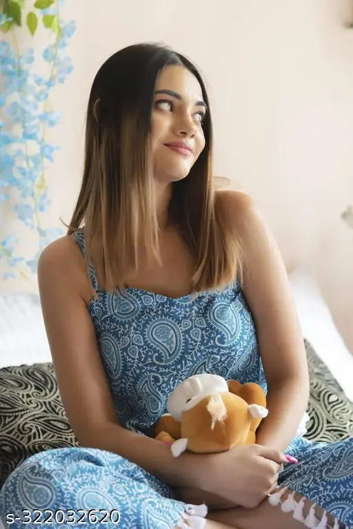 Rayon sleeveless night suit with pompoms, Indian-made playful sleepwear featuring increased airflow