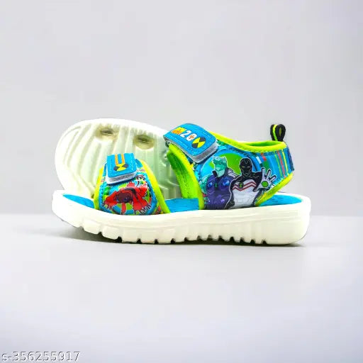 Blue, black, and yellow children's sandal with playful graphics