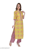 Yellow printed UBUNTU FASHION Kurta Palazzo set, organic cotton, three-quarter sleeves, handcrafted with butterfly embroidery, perfect for summer garden parties