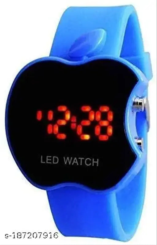 Blue digital wrist watch with Apple logo and date/time display