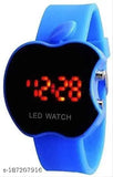 Blue digital wrist watch with Apple logo and date/time display