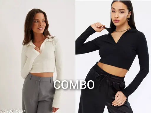 Solid long-sleeve collar T-shirt top, two pack for men or women, Indian origin