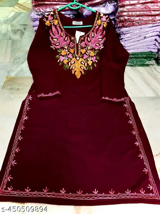 Wine woolen knitted kurta with kashmiri embroidery and long sleeves
