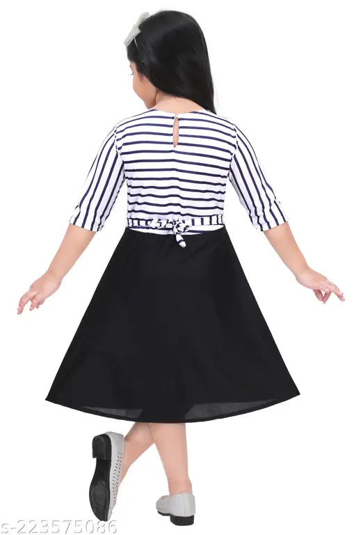 Girls' knee length dress with striped sleeves and white trim, suitable for formal occasions