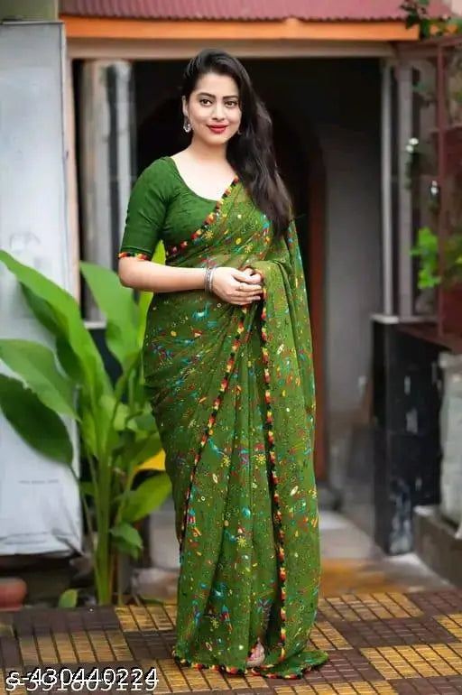 Georgette, Kalamkari, Animal Print, Saree, Colorful, Samosa Lace