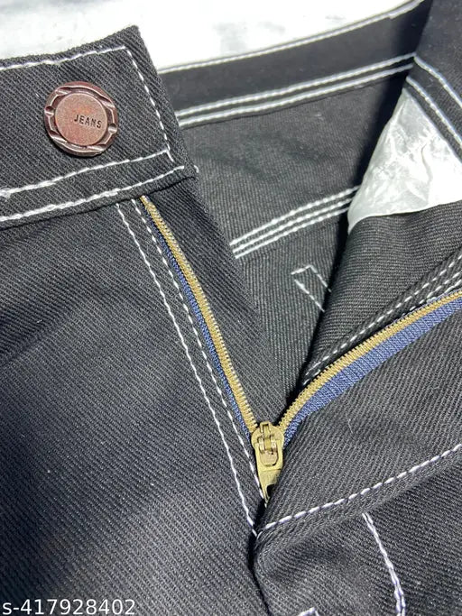 Black denim men's jeans with six pockets, solid pattern, size 28/30/32 for waist 28in/30in/32in, length 39in, hip 34in/36in/38in. Made in India