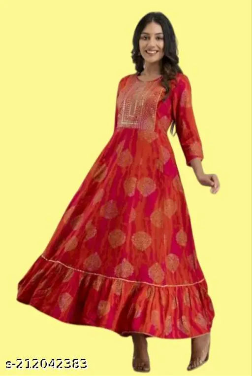 Orange rayon embroidered anarkali kurti with gold print and sequin work, three-quarter sleeves