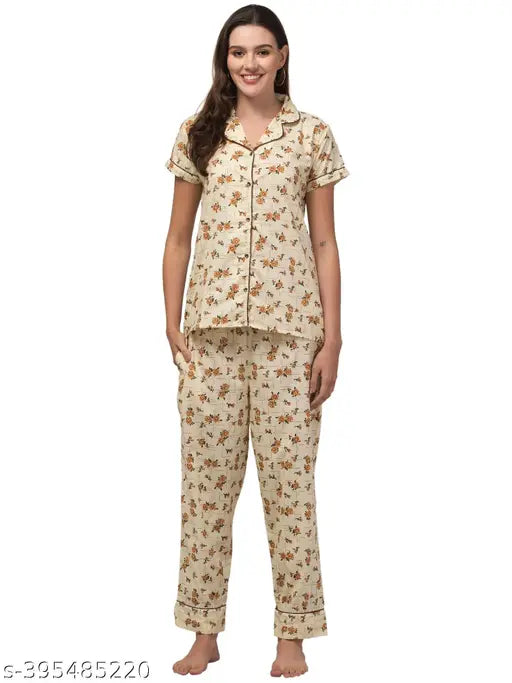 Cotton pajama shirt with short sleeves, printed net design in skin regular size, Indian origin
