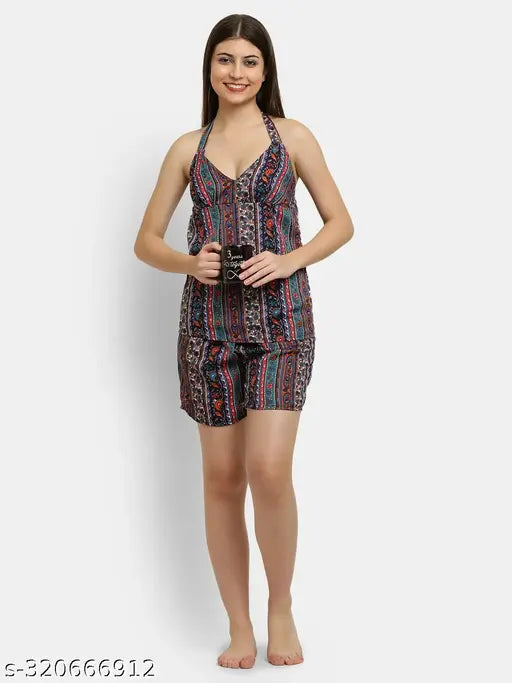 Inaaya printed crepe nightsuit set - sleeveless spaghetti top and shorts, XL size