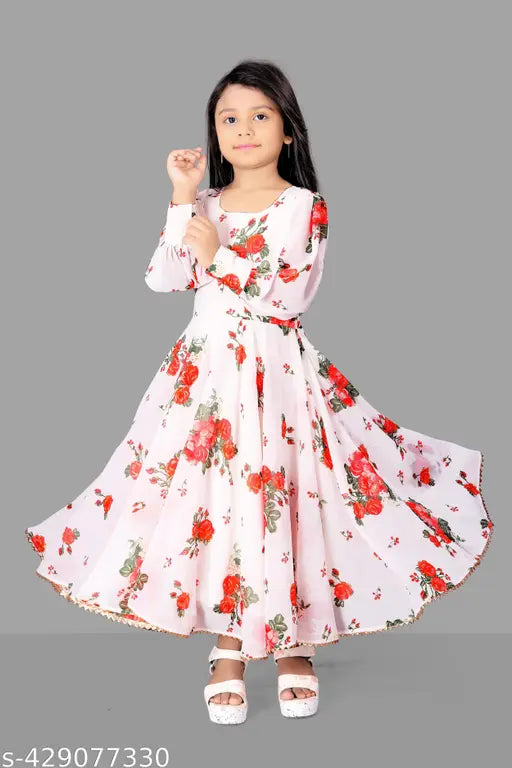Cotton, floral-print children's party dress in red color. Long skirt and short sleeves