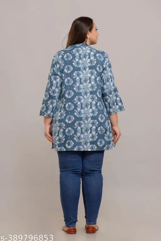 Blue rayon short kurti, fashionable printed design, comfortable for M-9XL sizes, Indian origin