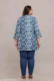 Blue rayon short kurti, fashionable printed design, comfortable for M-9XL sizes, Indian origin