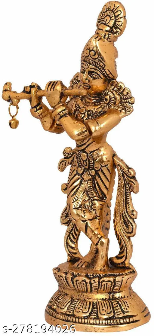 Metal Krishna Playing Flute Idol, 13cm x 7cm x 25cm for home, temple, office or gifting. Symbolizes luck, love, happiness, and prosperity