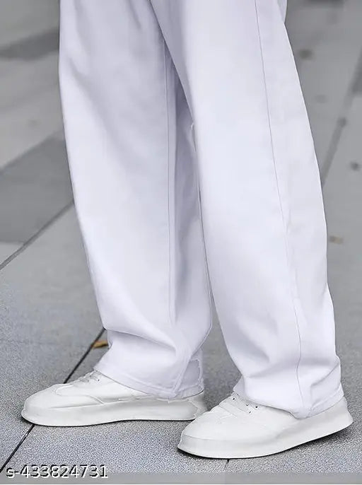 White cotton men's relaxed fit casual jeans with no additional details visible in the image