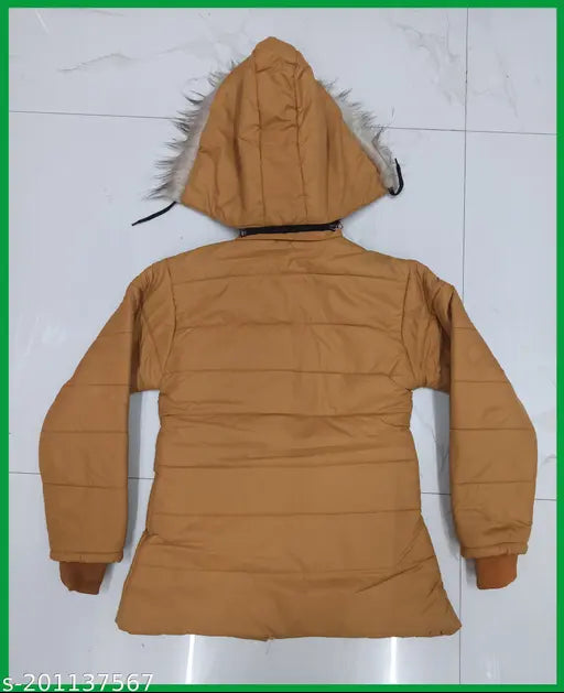 Tan winter parka with faux fur hood